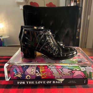 100% Authentic CHANEL Lace Ankle Booties with Gold HW in Black Patent Leather